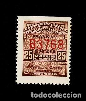 Briefmarken: CL7-6 EE.UU. WESTERN UNION TELEGRAPH COMPANY FRANK N&ordm; B3768 A&ntilde;o 1929 Valor 25 cents