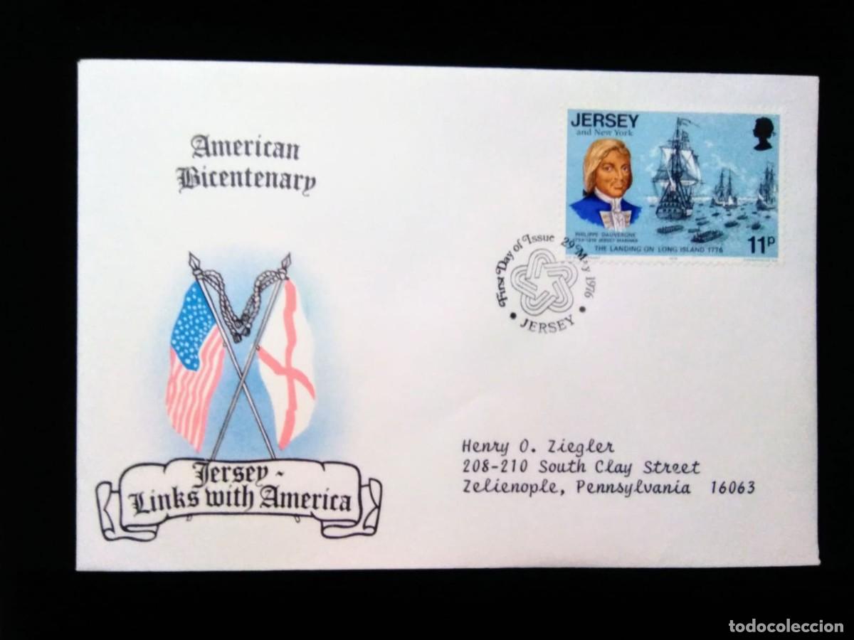 Sellos: J) 1976 JERSEY, AMERICAN BICCENTENARY, FLAGS, JERSEY LINKS WITH AMERICA, BOAT, FDC
