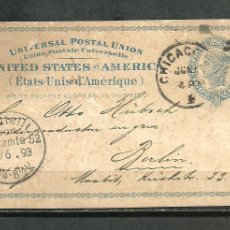 Sellos: EE.UU 1893- TARJETA ENTERO POSTAL - CIRCULADA DE CHICAGO A BERLIN. Lote 401119754