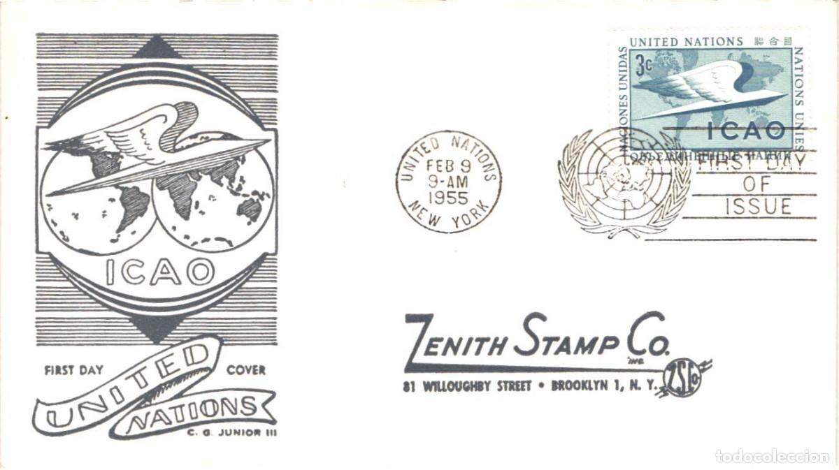 Sellos: NACIONES UNIDAS _ 1955 _ SPD _ ORGANIZACI&Oacute;N AVIACI&Oacute;N CIVIL _ Mi NT-NY-35 _ ONU _ AVIACI&Oacute;N
