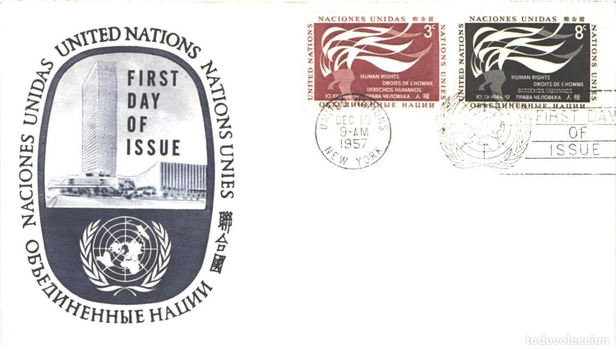 Sellos: NACIONES UNIDAS _ 1957 _ SPD _ DERECHOS HUMANOS _ Mi NT-NY-64, 65 _ ONU