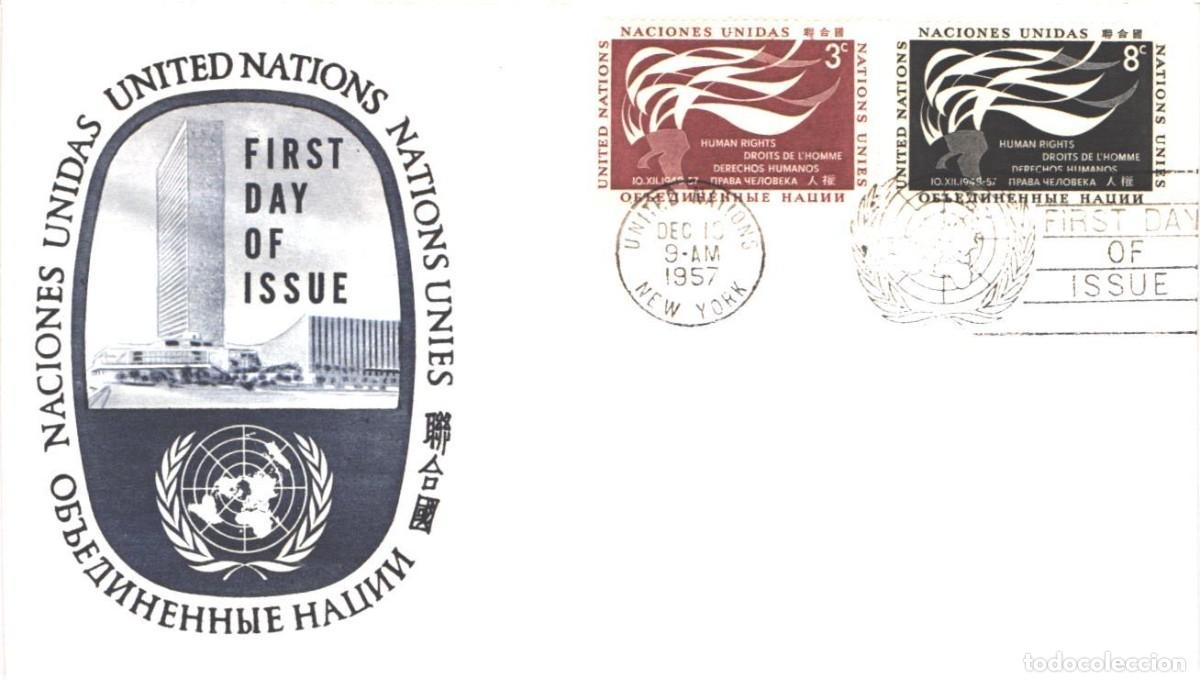 Sellos: NACIONES UNIDAS _ 1957 _ SPD _ DERECHOS HUMANOS _ Mi NT-NY-64, 65 _ ONU