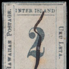 Sellos: O) 1859 HAWAII, NUMERAL VALUE 2C LIGHT BLUE ON BLUISH WHITE, SCT 13, TYPE IV, POSITION 4, OUTER FRA