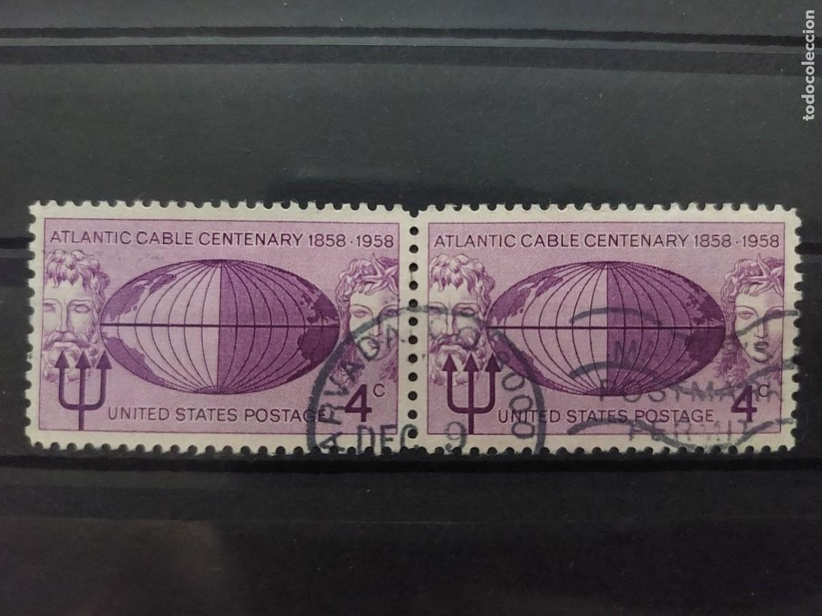 Sellos: Sellos. Sello doble centenario cable telegr&aacute;fico EEUU-Europa, 1958