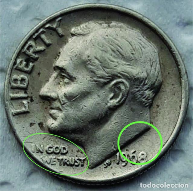 Sellos: EEUU - ONE DIME 1968 - Sin marca de seca y con fallo de cu&ntilde;o - Foto 1