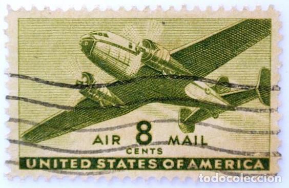 Briefmarken: Sello postal ESTADOS UNIDOS 1944 , 8 centavos, Avi&oacute;n bimotor de transporte, FILATELIA