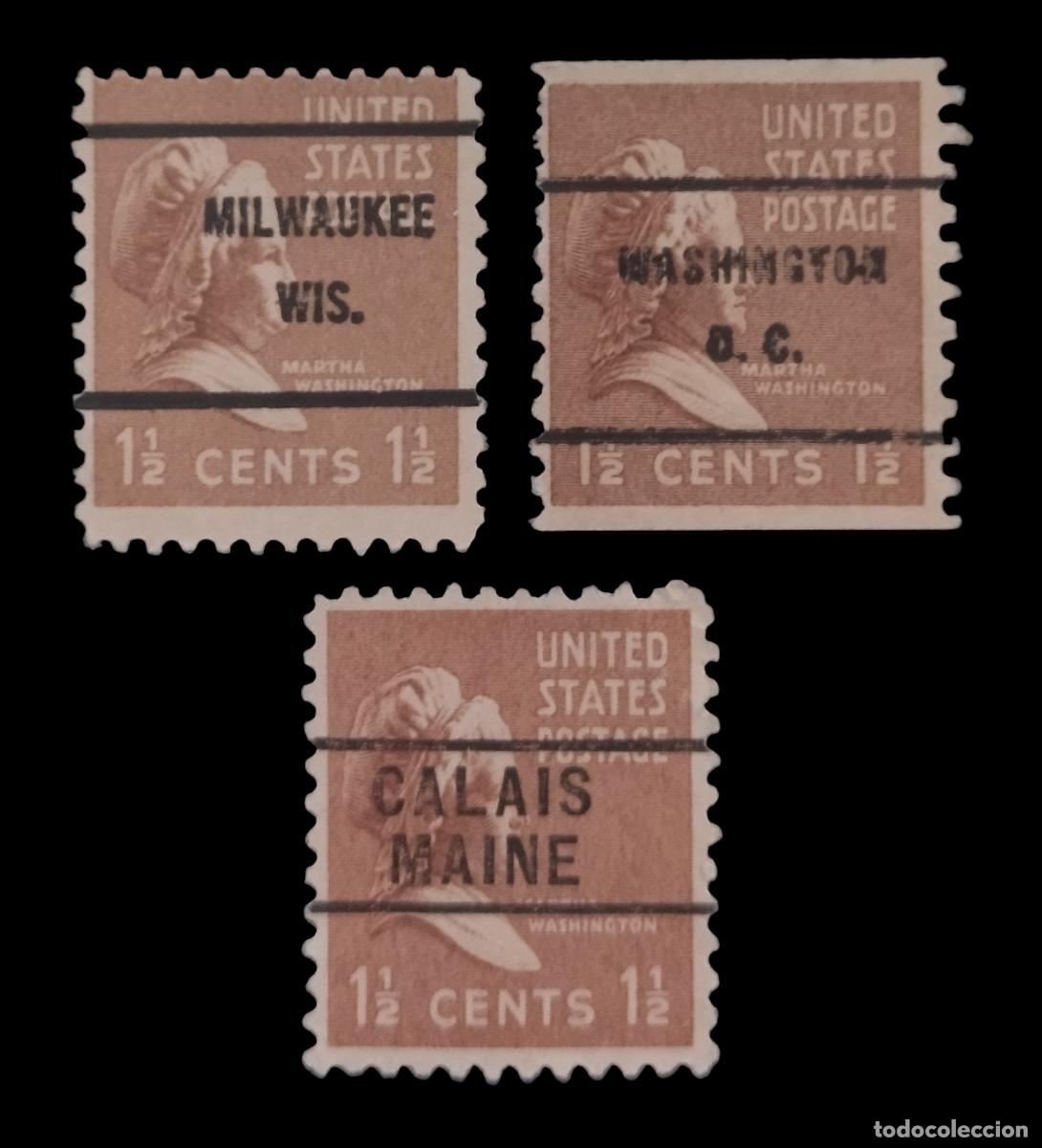 Sellos: ESTADOS UNIDOS 1938 GEORGE WASHINGTON - 3 SELLOS DIFERENTES PRE CANCELADOS. USADOS.