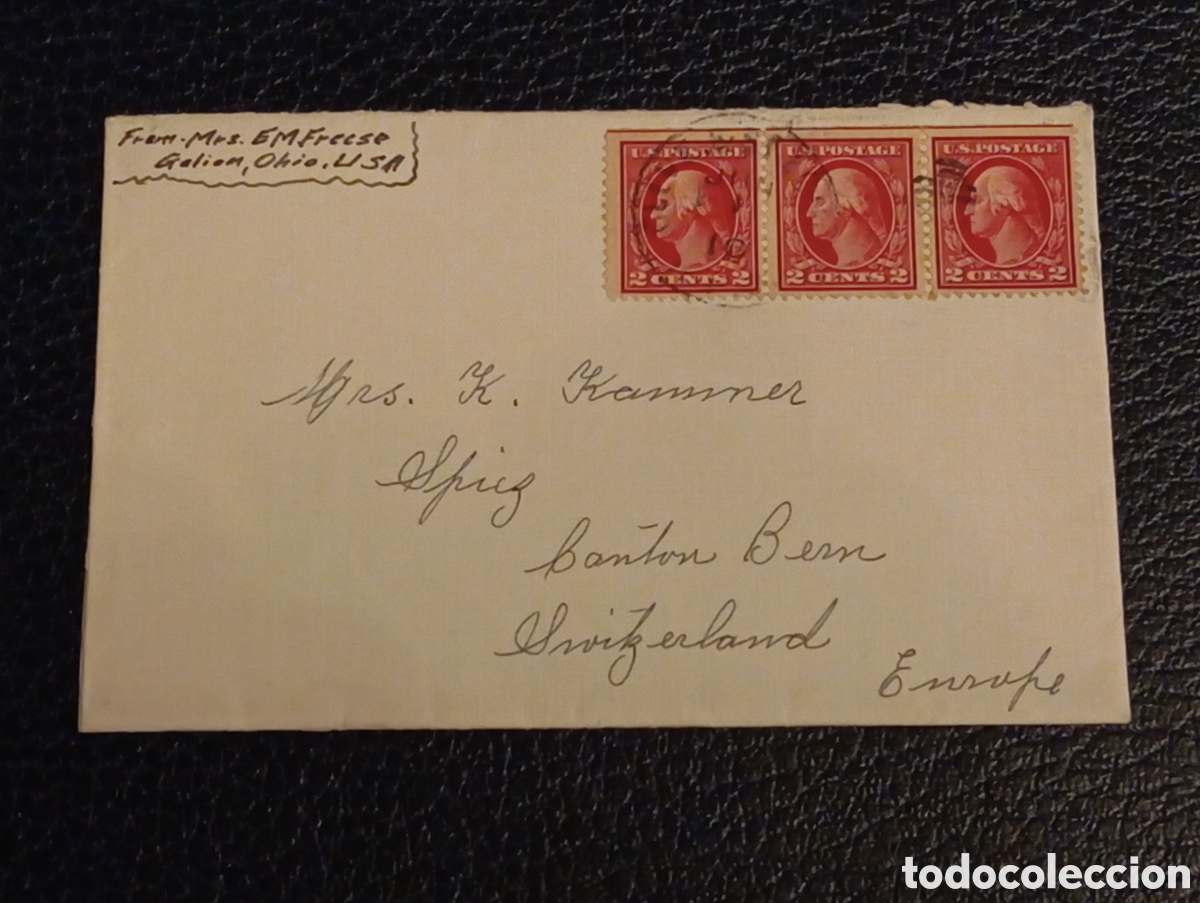 Sellos: Sobre Circulado 1913 EE. UU. a Suiza - 3 Sellos Washington 2c Carm&iacute;n - Serie Washington-Franklin