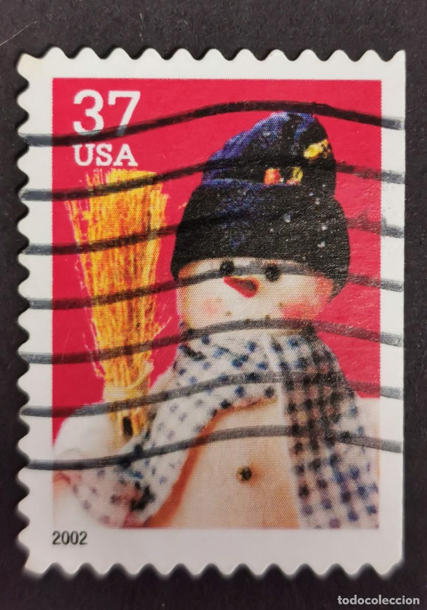 Timbres: Sello Estados Unidos U.S.A.2002, Mu&ntilde;eco de nieve con bufanda de cuadros azul, 37 &cent; Michel US 3708BD