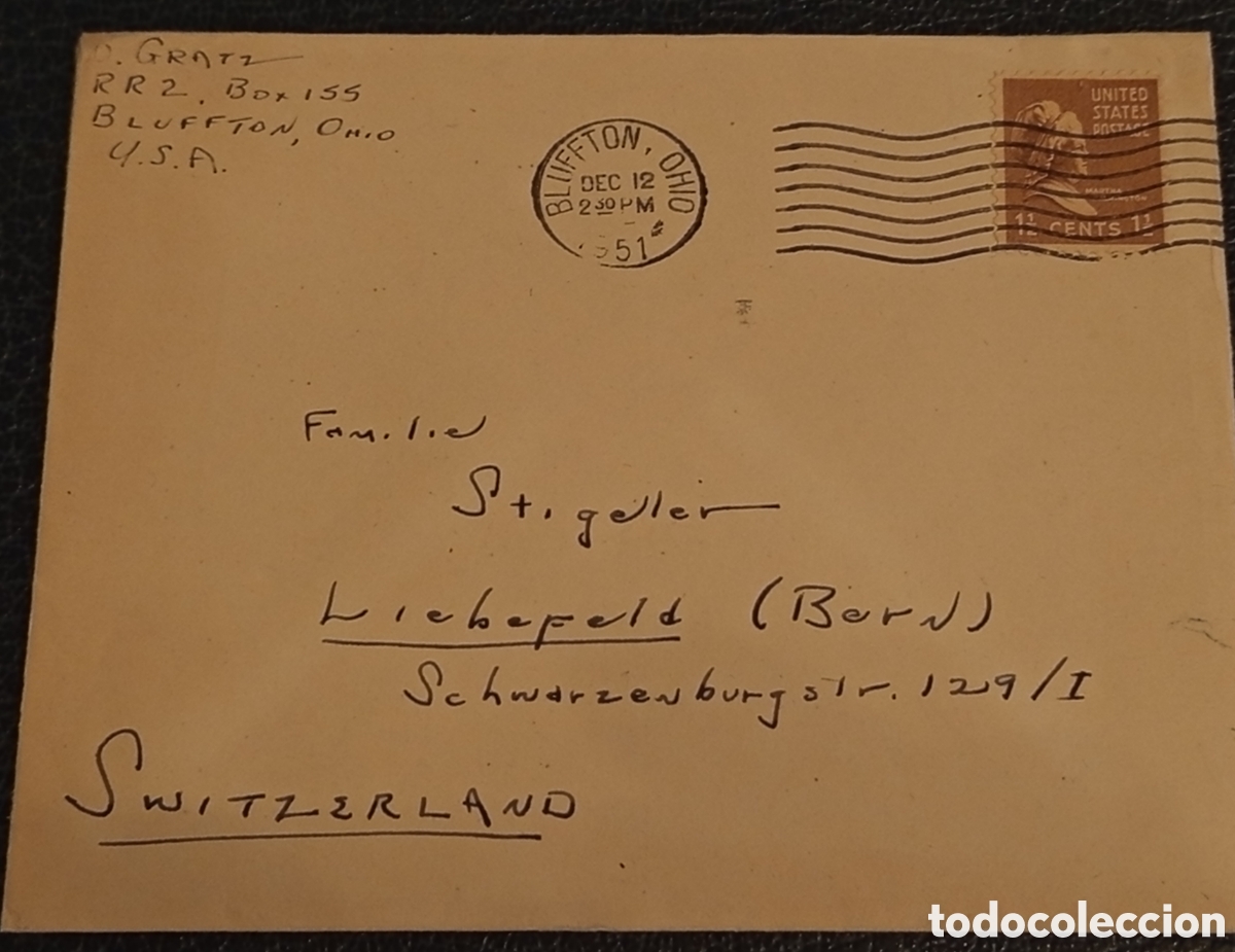 Sellos: Sobre 1951 Delbert Gratz (Bluffton, Ohio) a Familia Stigeller (Berna, Suiza) - Prexie