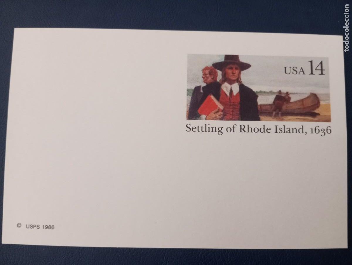 Sellos: ESTADOS UNIDOS, 1986, ENTERO POSTAL, SETTLING IF RHODE ISLAND 1636