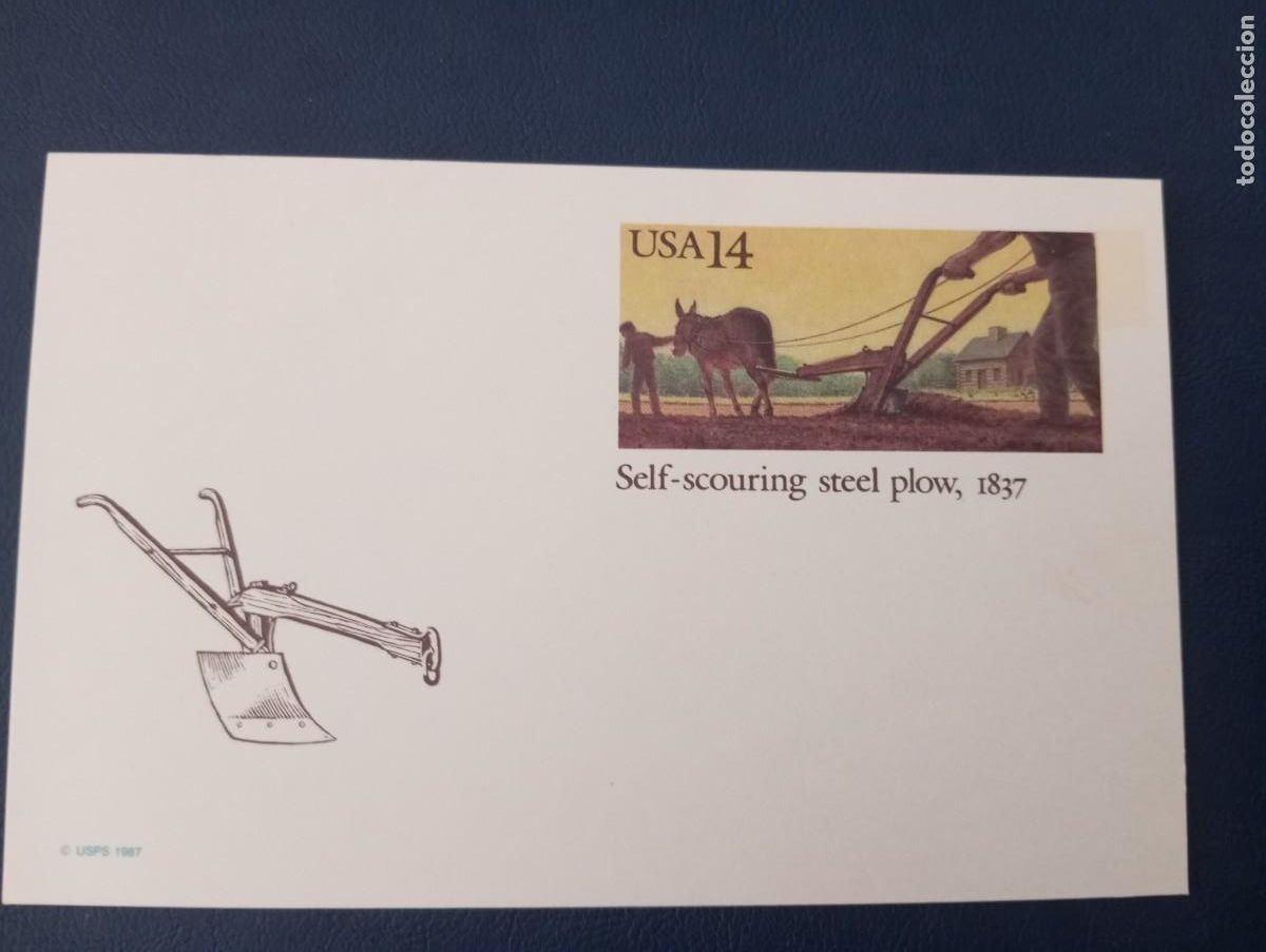 Selos: ESTADOS UNIDOS, 1987, ENTERO POSTAL, SELF SCOURING STEEL PLOW, 1837