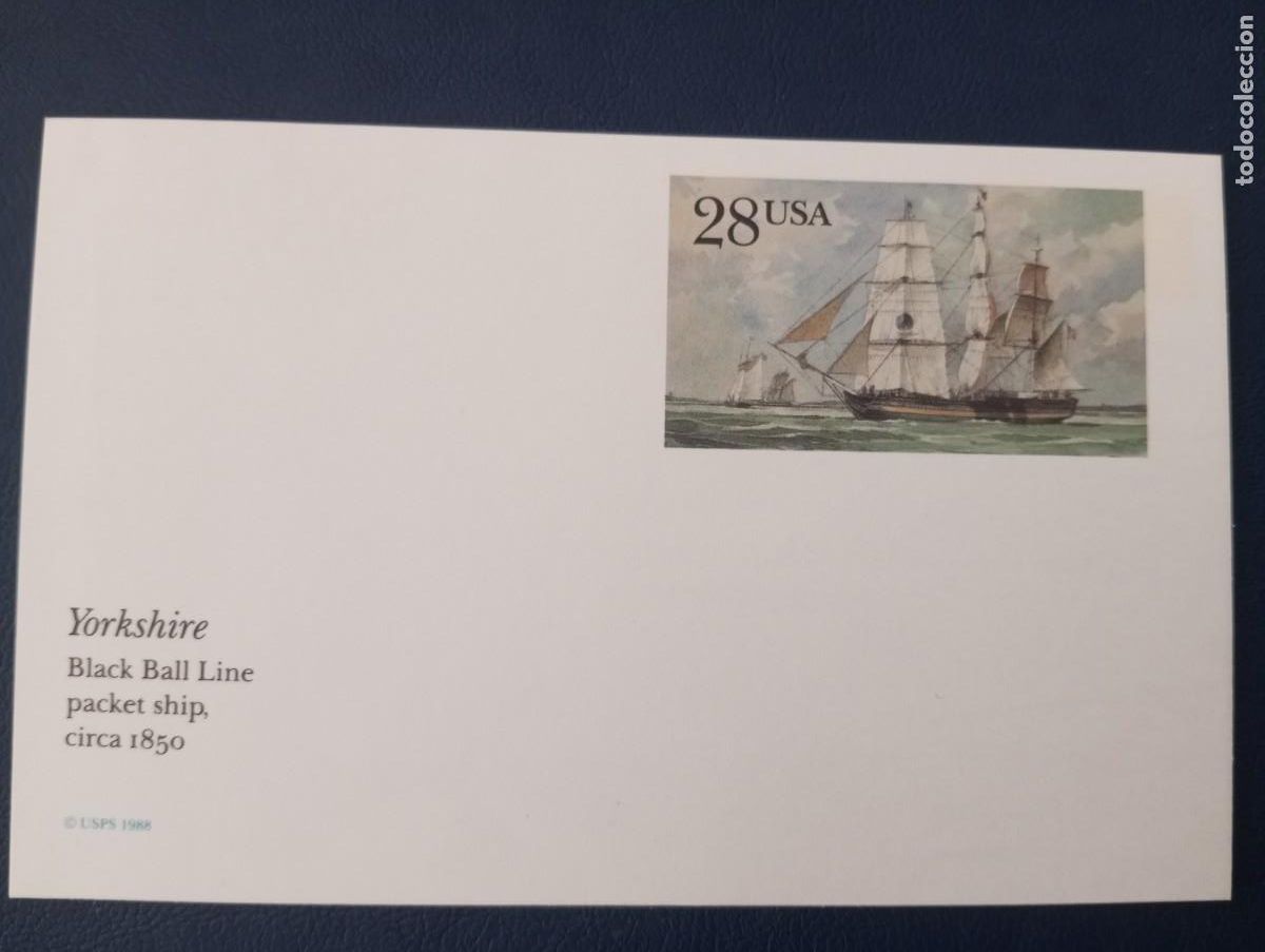 Sellos: ESTADOS UNIDOS, 1988, ENTERO POSTAL, YORKSHIRE BLACK BALL LINE PACKET SHIP, BARCOS