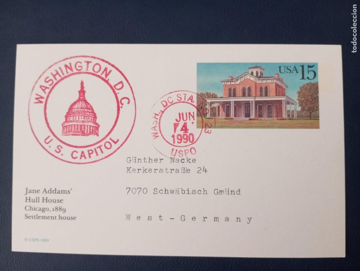 Sellos: ESTADOS UNIDOS, 1989, ENTERO POSTAL, JANE ADDAMS HULL HOUSE CHICAGO 1889, MATASELLOS CAPITAL ,