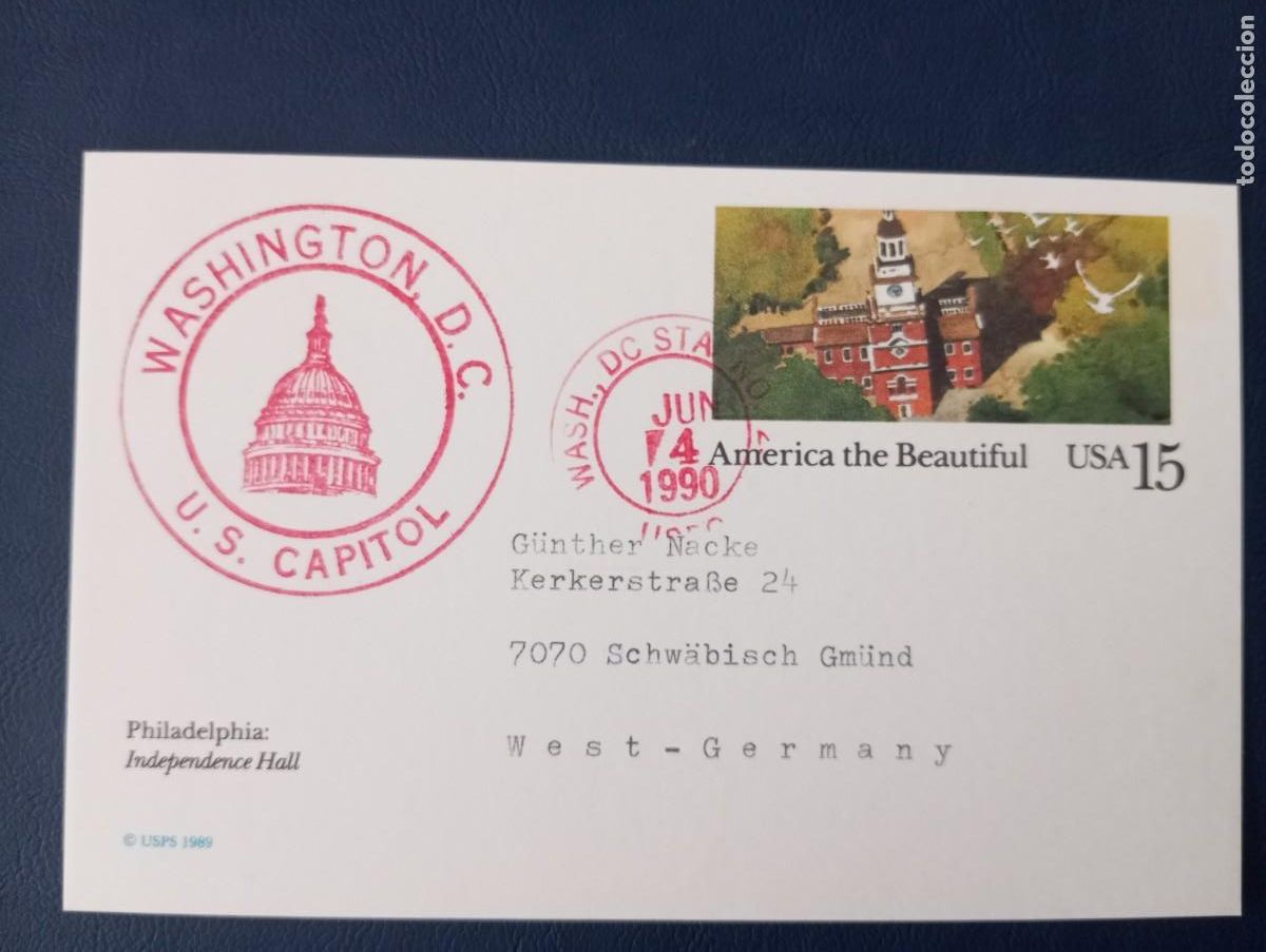 Sellos: ESTADOS UNIDOS, 1989, ENTERO POSTAL, AM&Eacute;RICA THE BEAUTIFUL, PHILADELPHIA INDEPENDENCE HALL, MATASELL