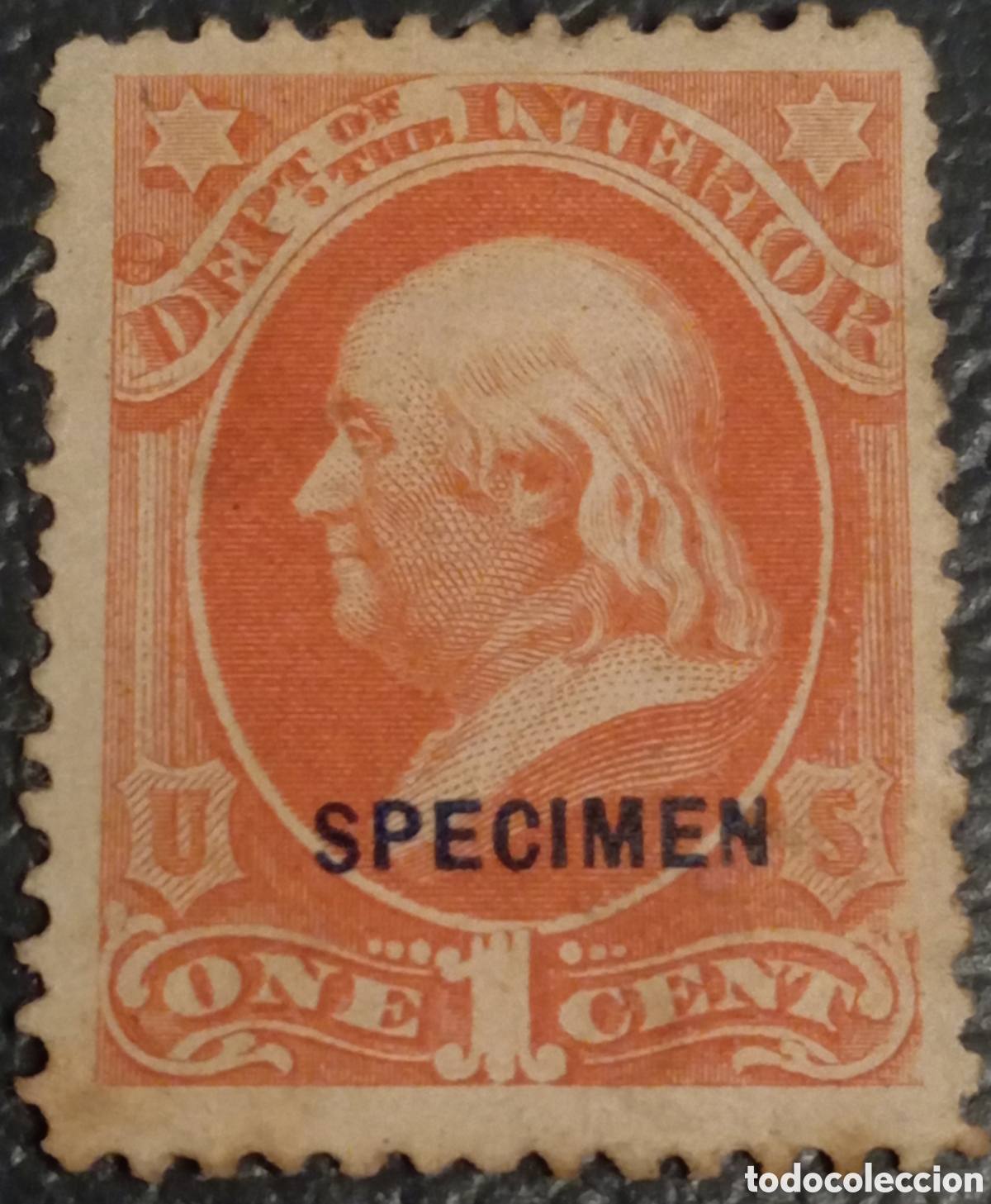 Sellos: Sello EE.UU. 1875 Dept. Interior 1c Franklin &rdquo;SPECIMEN&rdquo; Scott #O15S MH