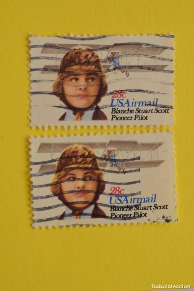 Briefmarken: Lote 2 sellos Estados Unidos. USA. EEUU. Correo A&eacute;reo. Air Mail. Pioneer Pilot. Usados