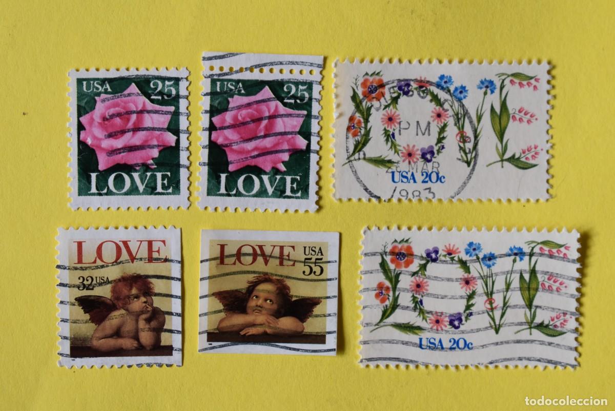 Briefmarken: Lote 8 sellos Estados Unidos. USA. EEUU. Tem&aacute;tica Amor. Love. Flores. &Aacute;ngeles. Usados