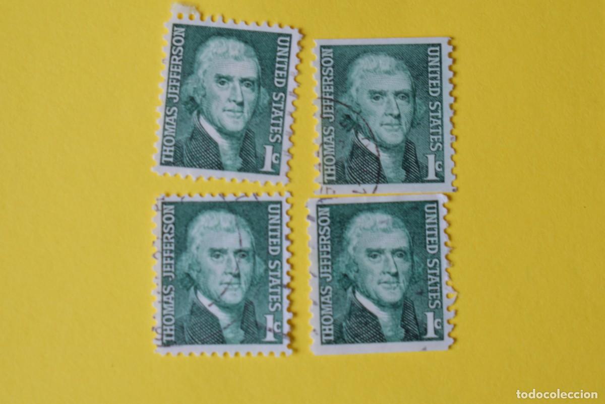 Briefmarken: Lote 4 sellos Estados Unidos. USA. EEUU. Presidentes. Thomas Jefferson. 1 centavo. Usados