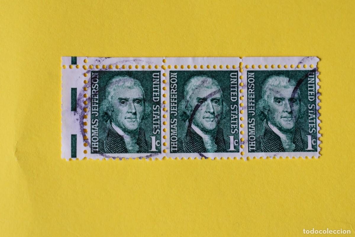 Francobolli: Lote 3 sellos Estados Unidos. USA. EEUU. Presidentes. Thomas Jefferson. 1 centavo. Usados. Bloque