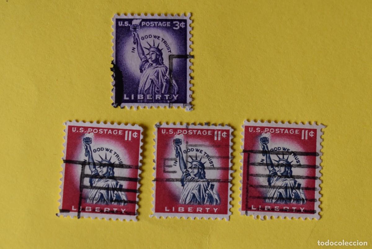 Briefmarken: Lote 4 sellos Estados Unidos. USA. EEUU. US Postage. Liberty. Varios valores. Usados