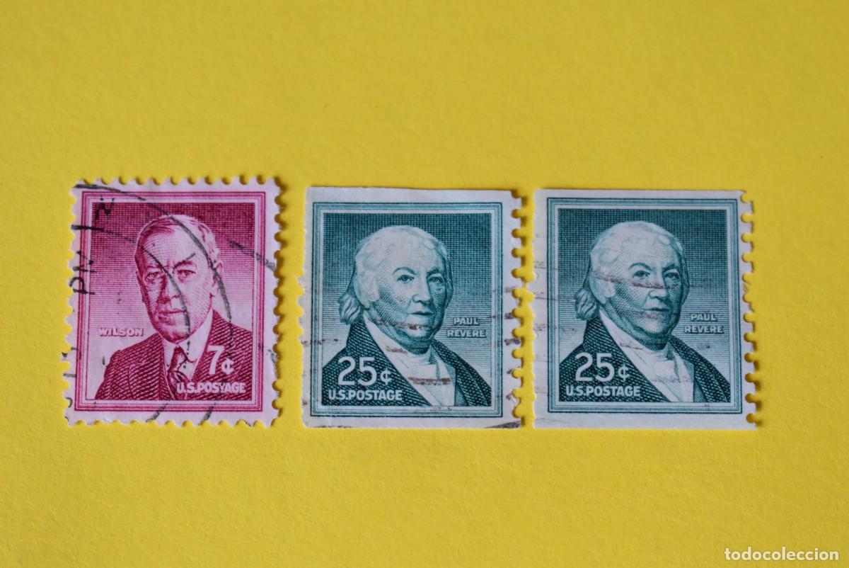 Selos: Lote 3 sellos Estados Unidos. USA. EEUU. Presidentes. Wilson. Paul Revere. 7 y 25 centavos. Usados