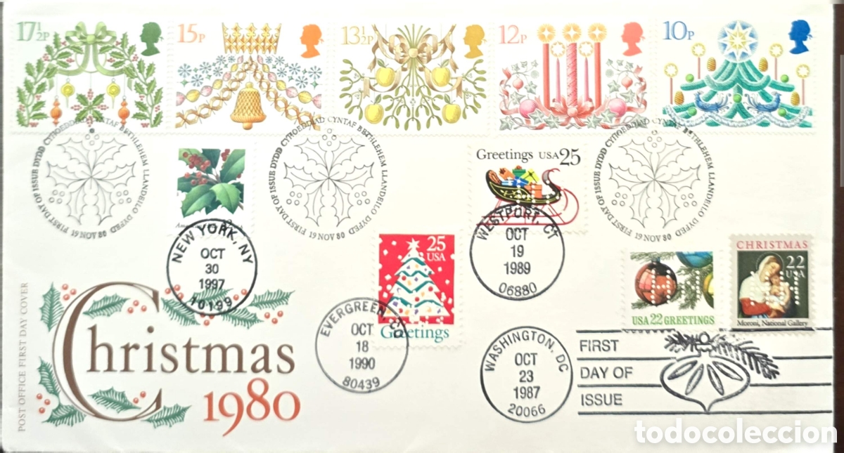 Sellos: CA)United Kingdom & United States, 1980&ndash;1990 &ndash; Christmas Greetings: First Day Cover celebrate