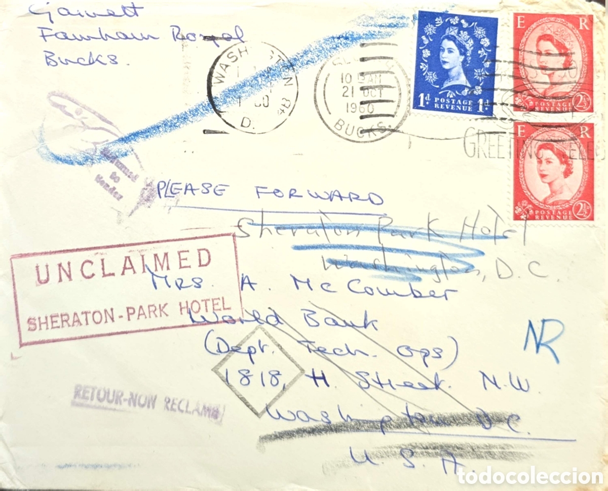 Sellos: CA)United Kingdom, 1960 &ndash; Forwarded and Unclaimed Letter to the USA: This postal cover was mailed
