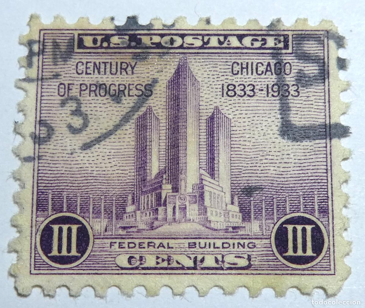 Sellos: Sello postal de Estados Unidos de 3 centavos 1933, &rdquo;Un Siglo de Progreso&rdquo; en Chicago