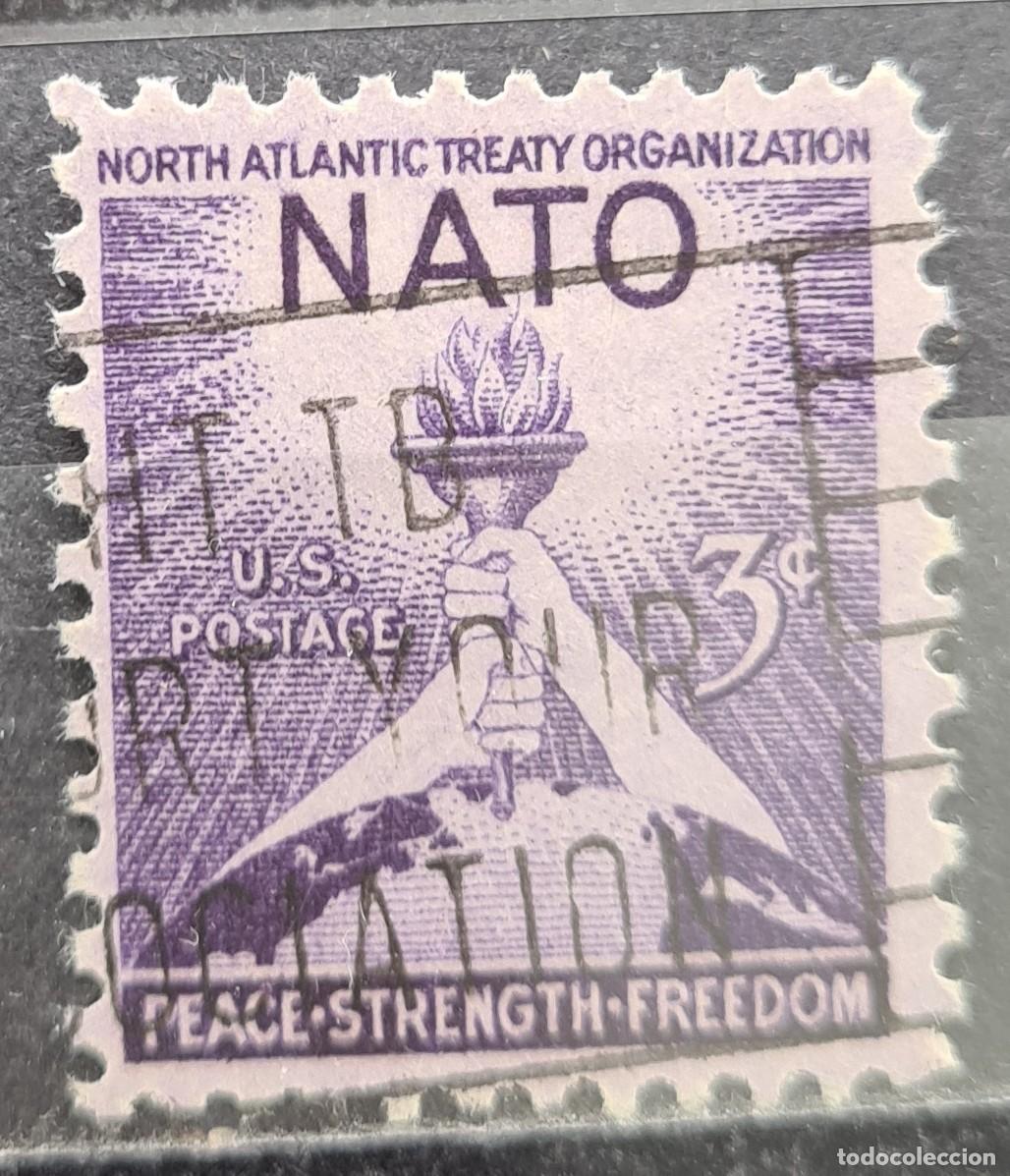 Sellos: Sello usado de Estados de Norteam&eacute;rica 1952: Tercer aniversario de la firma del Tratado Atl&aacute;ntico