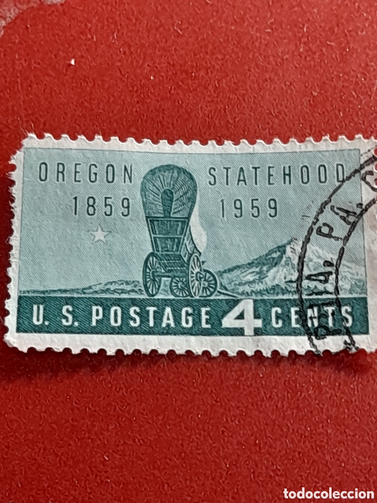 Sellos: Sello Estados Unidos mtdo/udo 1959. 100Aniv Oreg&oacute;n. Carreta. Carruaje. Diligencia. Trasnporte. Monta