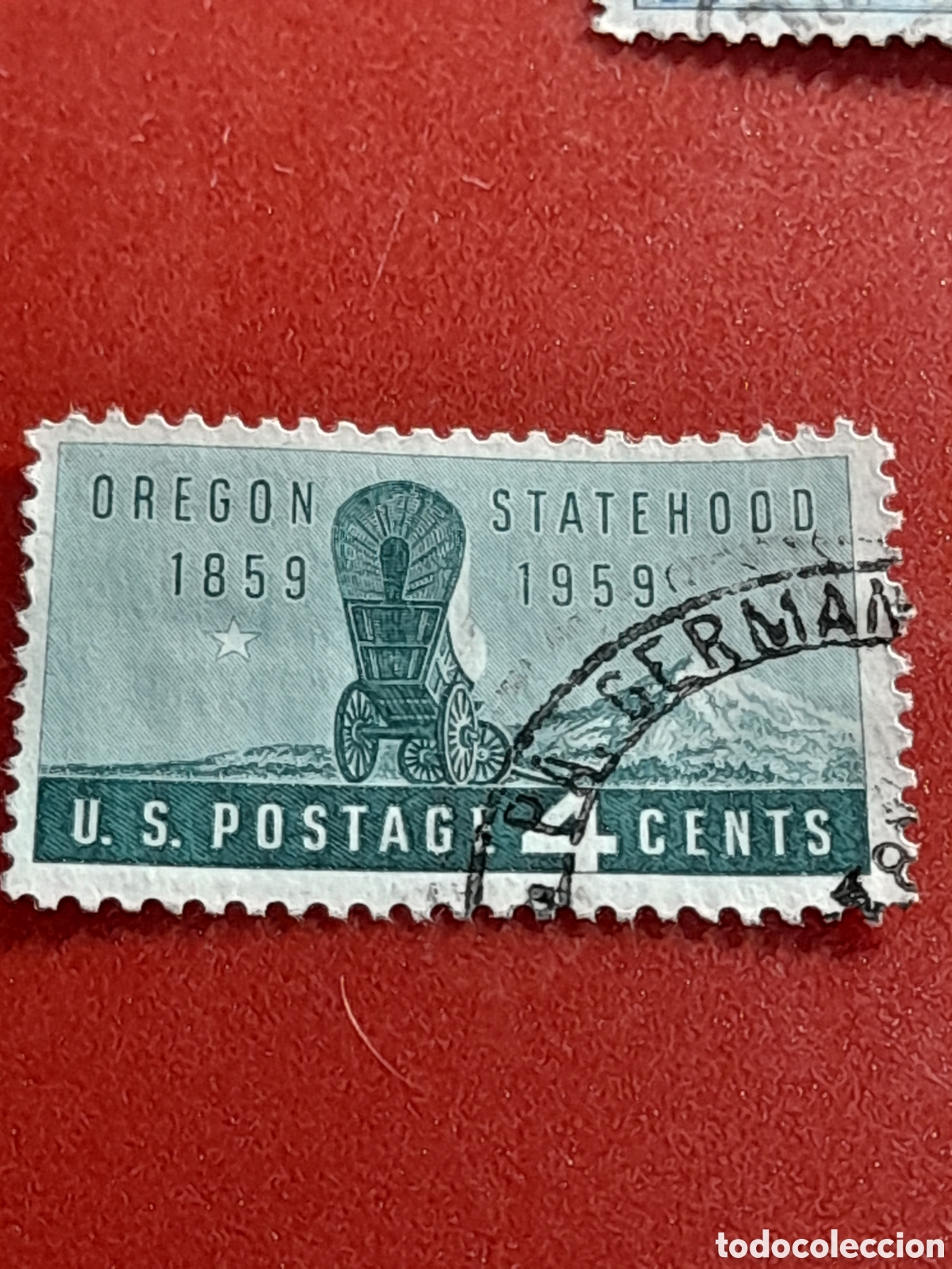 Sellos: Sello Estados Unidos mtdo/udo 1959. 100Aniv Oreg&oacute;n. Carreta. Carruaje. Diligencia. Trasnporte. Monta