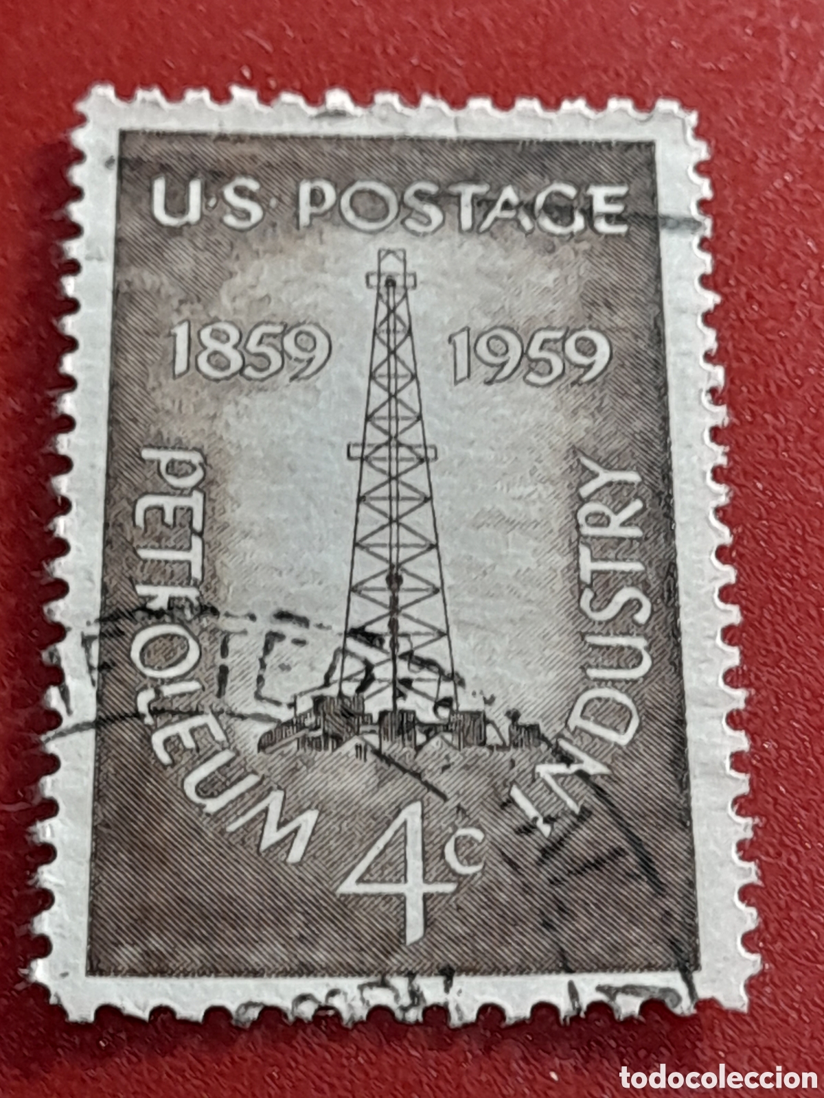 Sellos: Sello Estados Unidos mtdo/udo 1959. 100Aniv industria petr&oacute;leo. Torre. Extracci&oacute;n. Desarrollo.