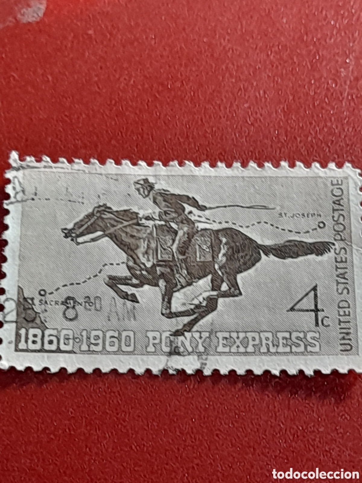 Sellos: Sello Estados Unidos mtdo/udo 1960. 50Aniv correo caballo. Pony ezpress. Mamifero. Fauna. Cartero.