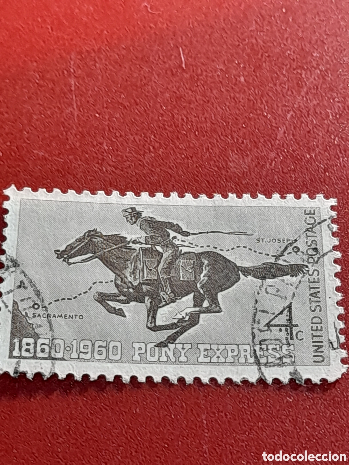 Sellos: Sello Estados Unidos mtdo/udo 1960. 50Aniv correo caballo. Pony ezpress. Mamifero. Fauna. Cartero.