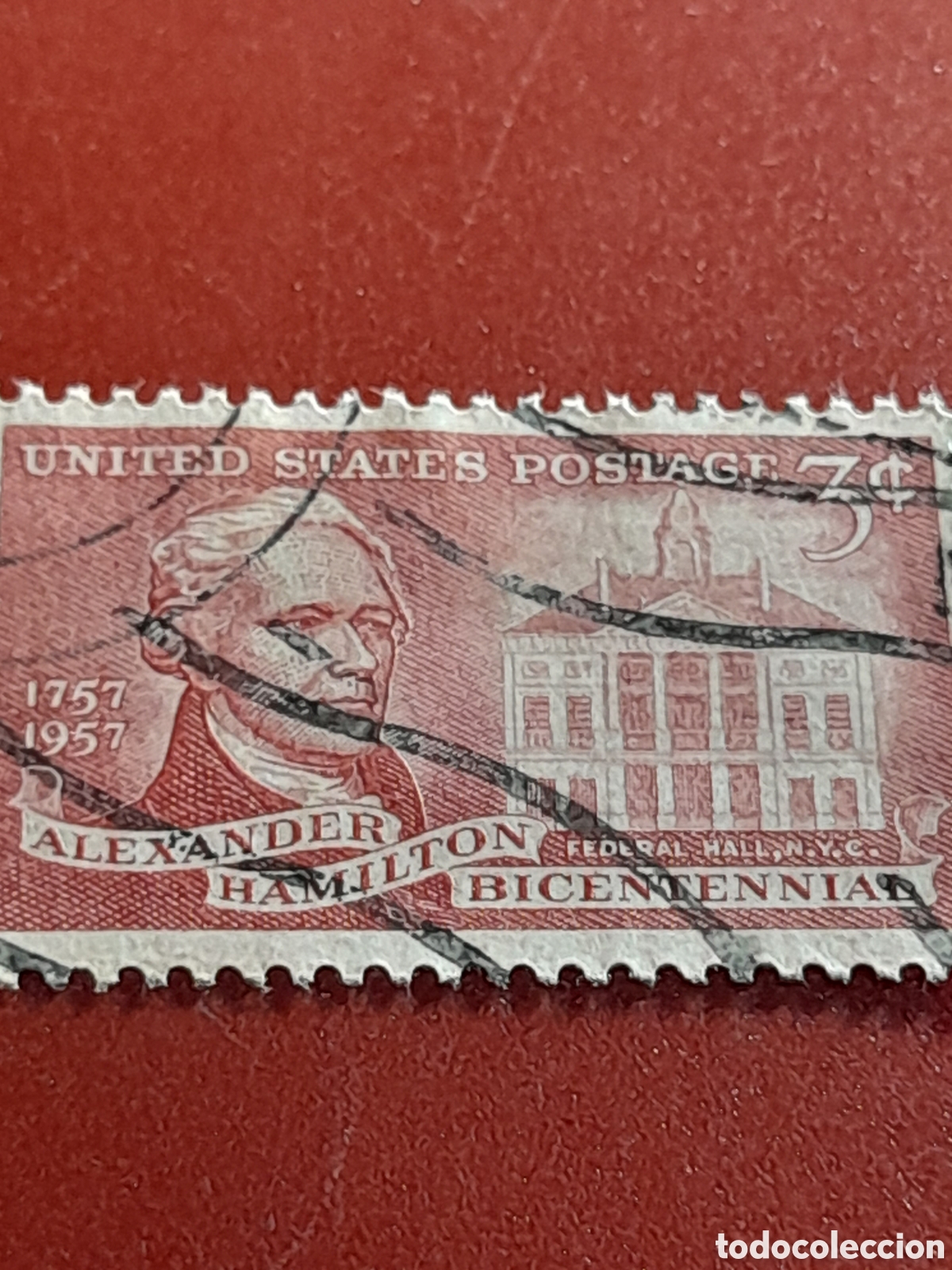 Sellos: Sello Estados Unidos mtdo/udo 1957. 200Aniv nacimiento A. Hamilton. Padre fundador. Politicp