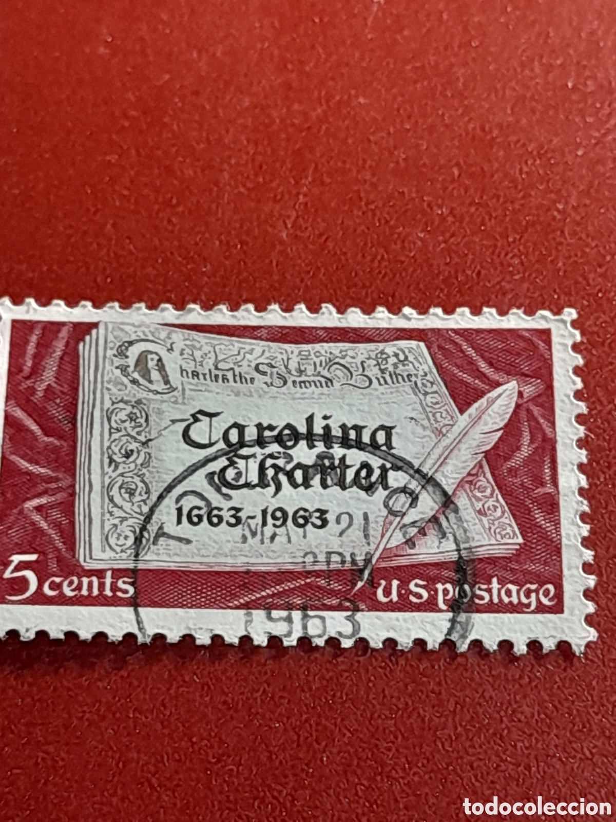 Sellos: Sello Estados Unidos mtdo/udo 1963. 300Aniv Carta Carolina. Pluma.