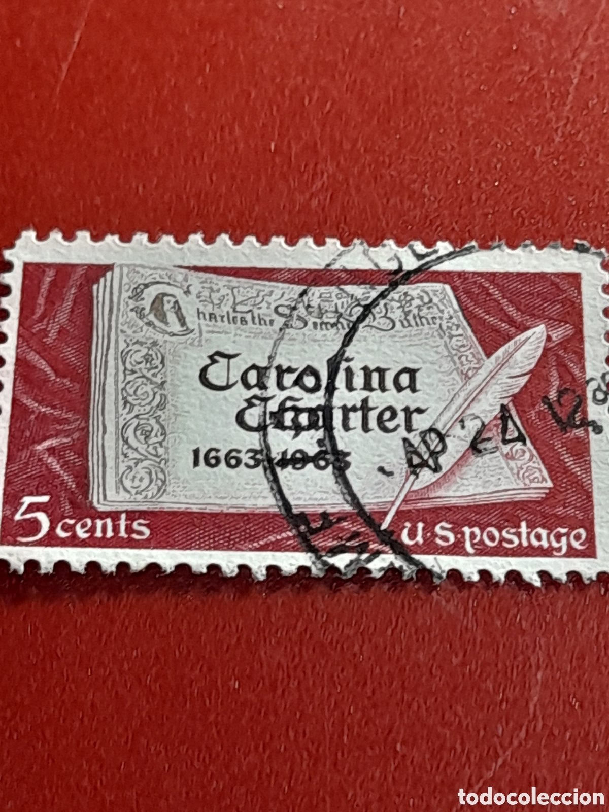Sellos: Sello Estados Unidos mtdo/udo 1963. 300Aniv Carta Carolina. Pluma.