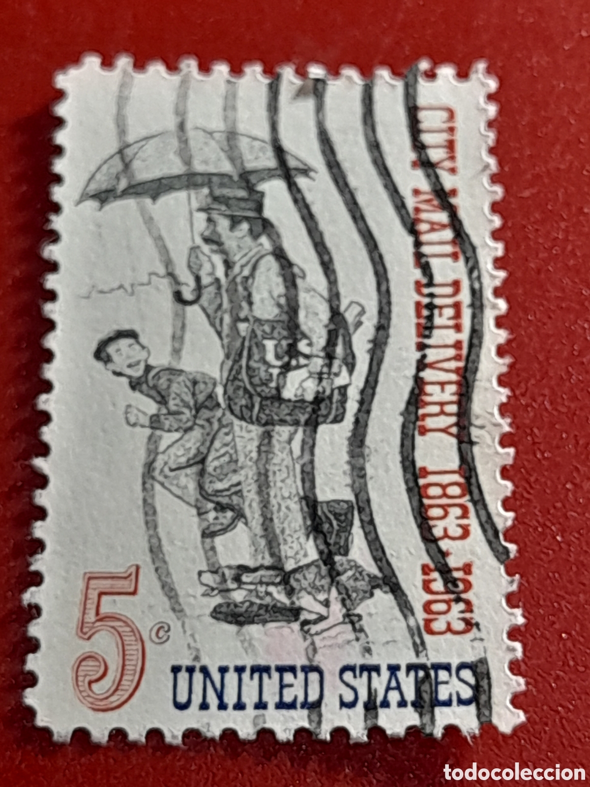 Sellos: Sello Estados Unidos mtdo/udo 1963. 100Aniv distribuci&oacute;n correo a casa. Cartero. Mochila. Perro. Par
