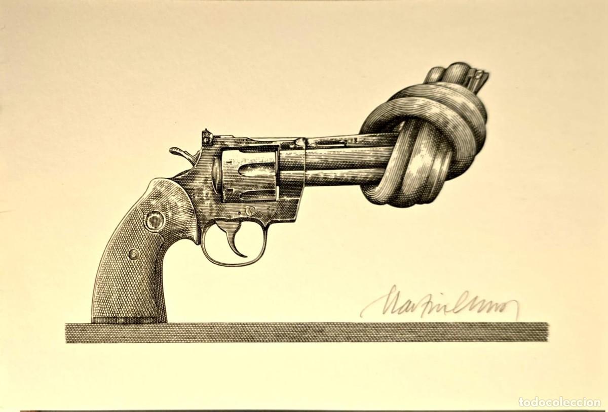 Stamps: O) 2018 UNITED NATIONS NEW YORK, SUNKEN DIE PROOF, NON VIOLENCE- WEAPON- REVOLVER, DESIGNERS, CARL