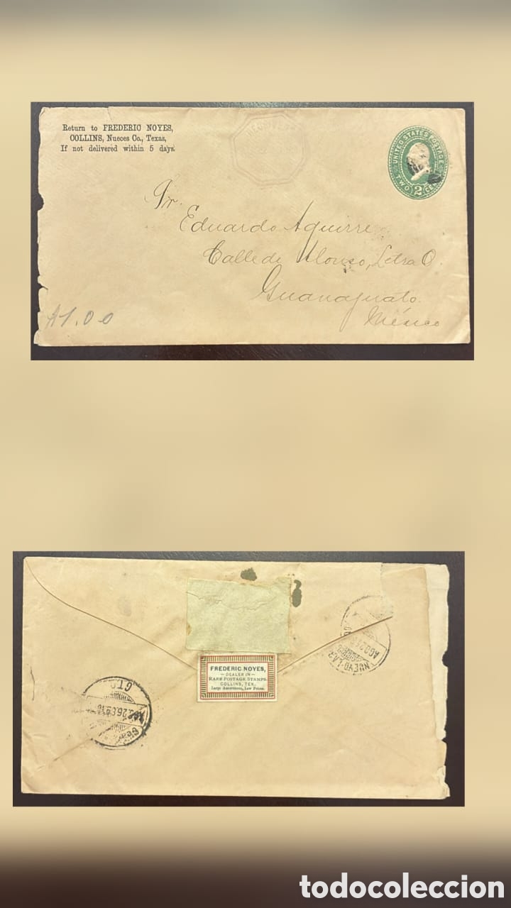 Sellos: CA)United States. early 1900 Circa. Philatelic Dealer Correspondence. Envelope sent from Collins, Te