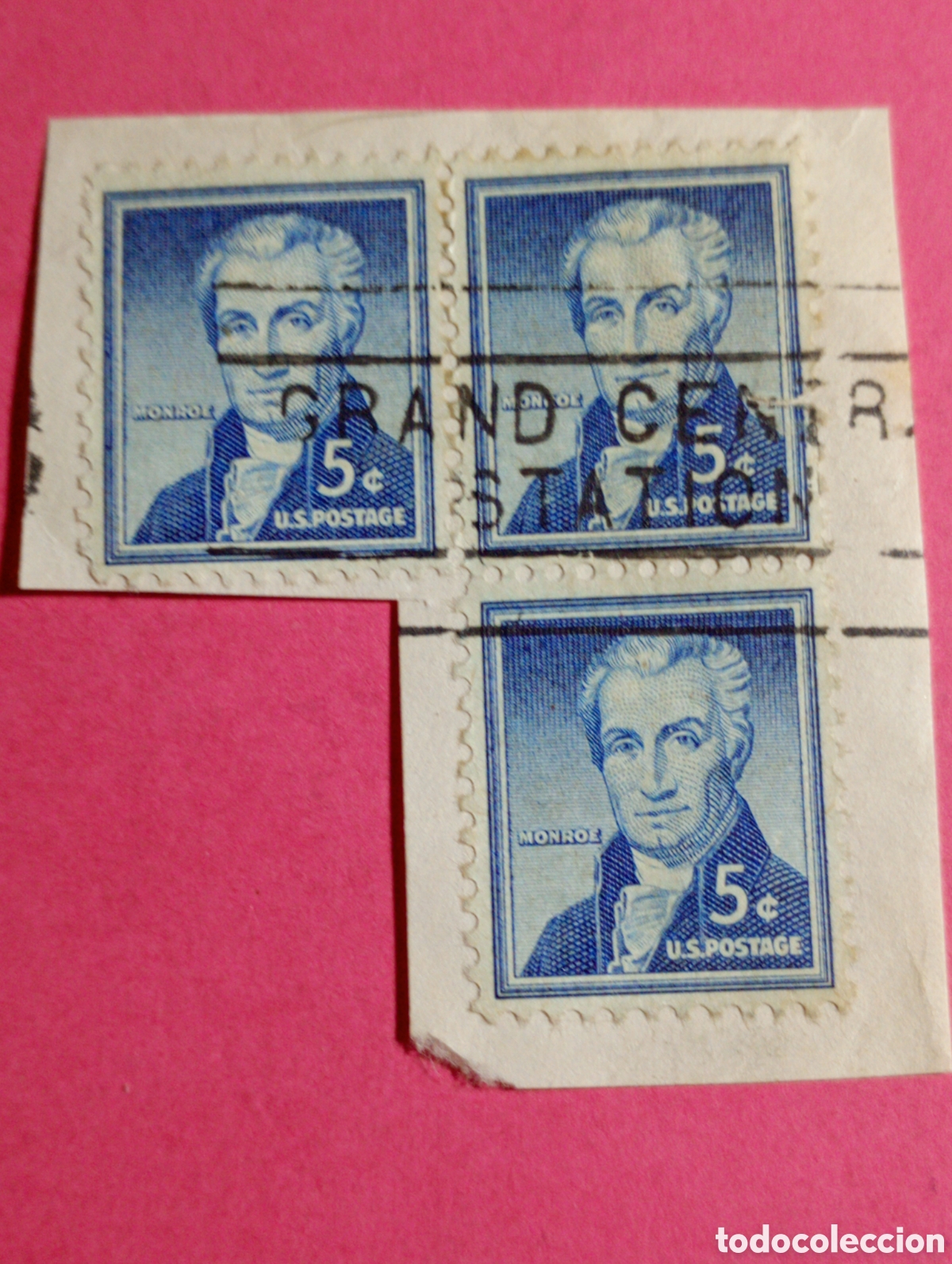 Timbres: SELLO STAMP ESTADOS UNIDOS U.S.A. PRESIDENT MONROE 5 CENTS AZUL BLOQUE DE 3