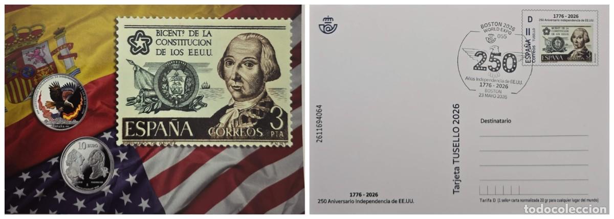 Sellos: O) 2026 UNITED STATES . USA, BOSTON WORLD EXPO, BERNARDO DE GALVEZ, AMERICAN REVOLUTIONARY WAR 1776,