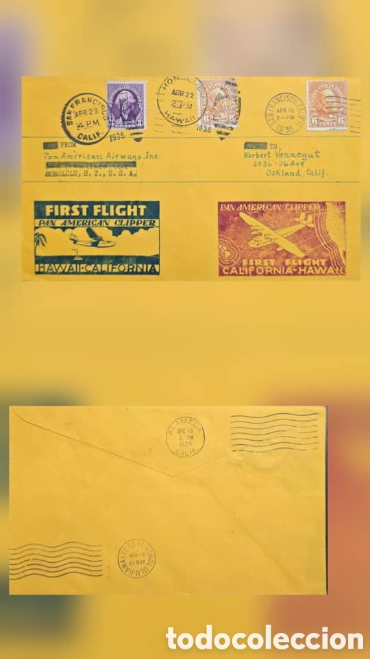 Sellos: CA) U.S.A.1935 (postmark dates of April 1935) . Aerofilatelia / First Flight of the Pan American Cli