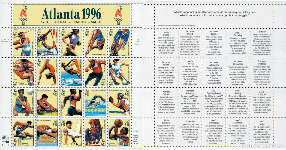 Sellos: 248550 MNH ESTADOS UNIDOS 1996 26 JUEGOS OLIMPICOS VERANO ATLANTA 1996 - CENTENARIO DE LOS JUEGOS O