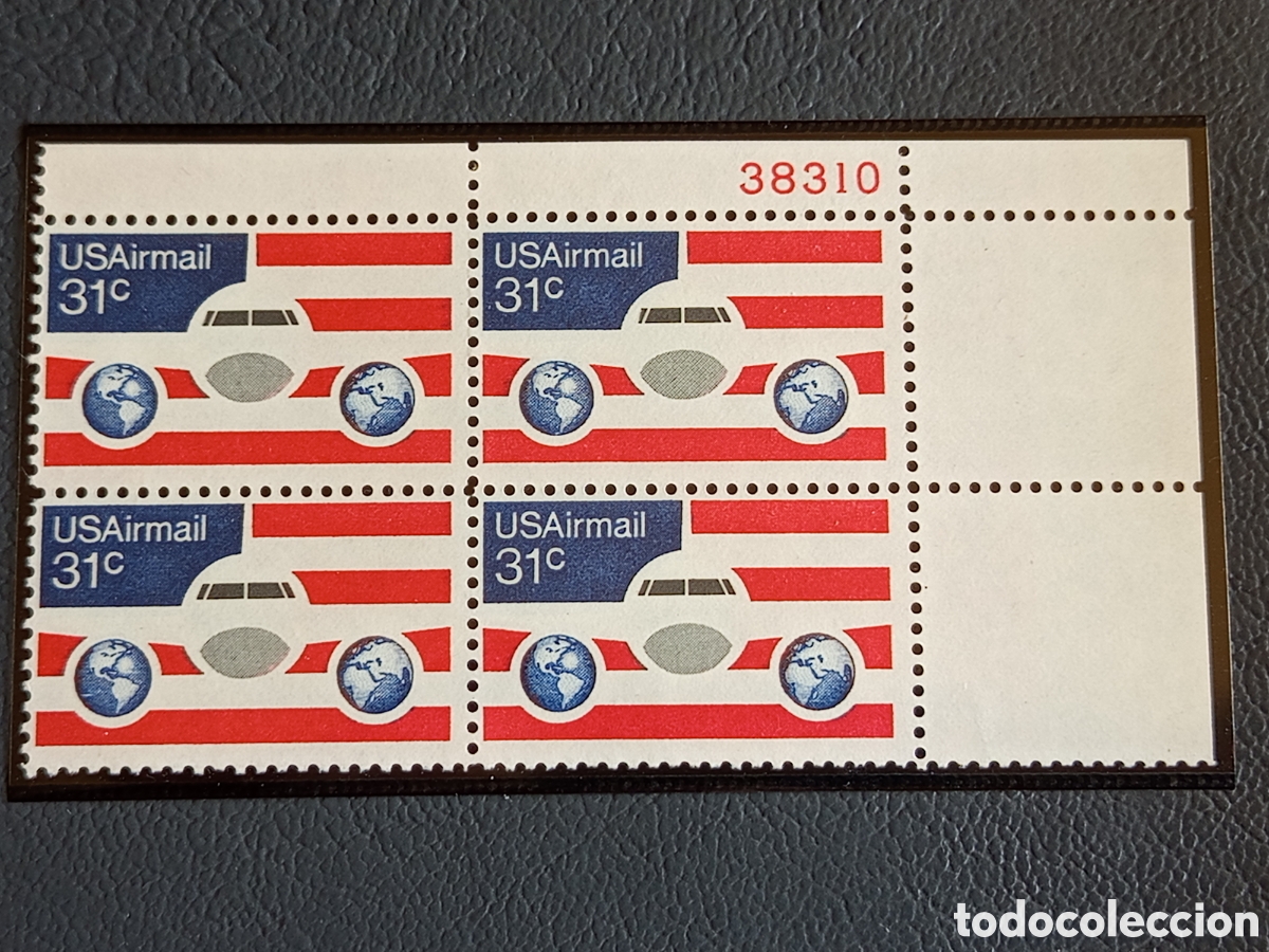 Sellos: Bloque 4 Sellos USA Airmail 1976 Cat. Scott #C90 Placa 38310 MNH