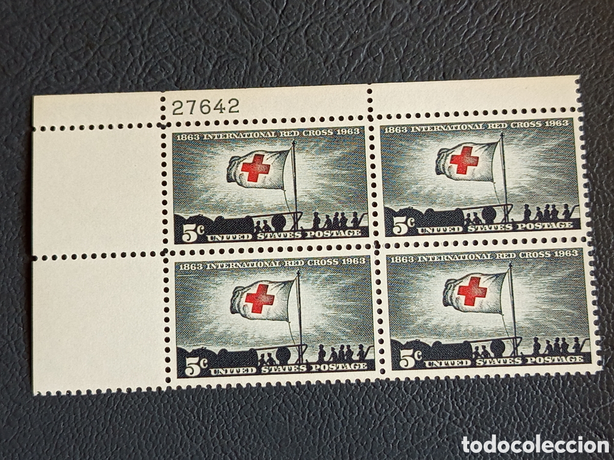 Sellos: Bloque 4 Sellos USA 1963 Red Cross Cat. Scott #1238 Placa 27642 MNH