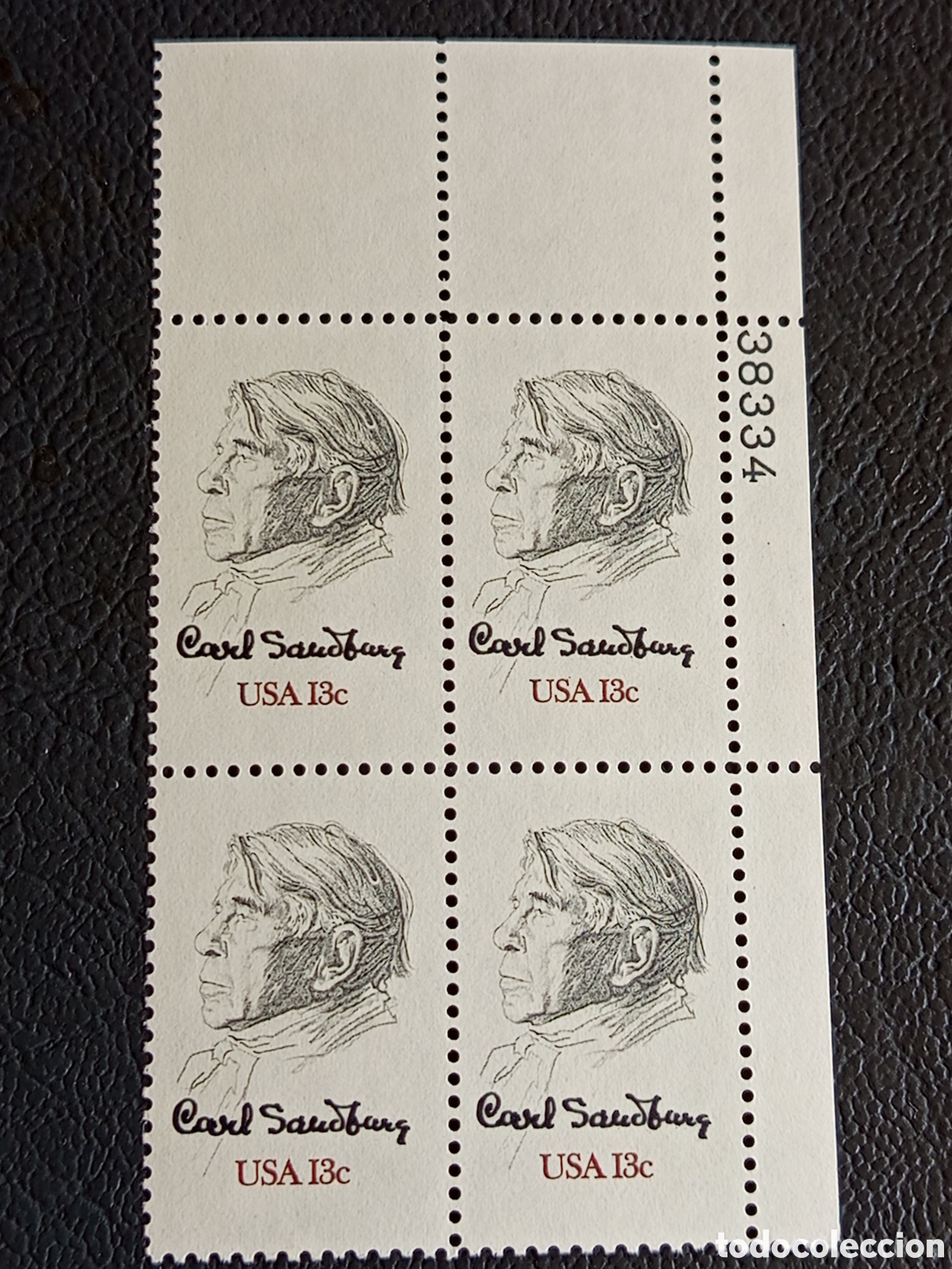 Sellos: Bloque 4 Sellos USA 1978 Carl Sandburg Cat. Scott #1731 Placa 38334 MNH