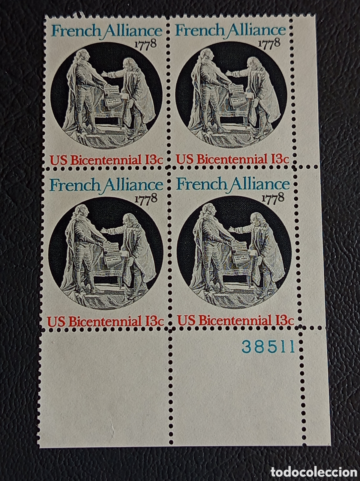 Sellos: Bloque 4 Sellos USA 1978 French Alliance Cat. Scott #1745 Placa 38511 MNH