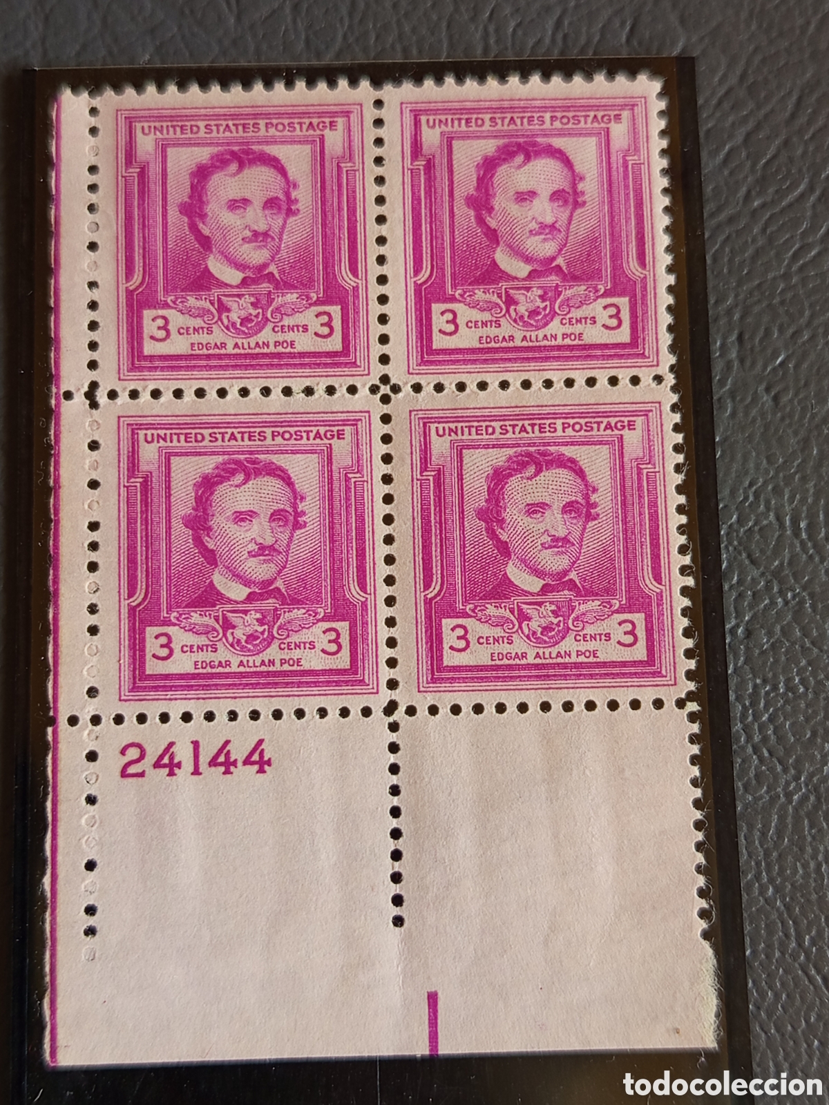 Sellos: Bloque 4 Sellos EE.UU. Edgar Allan Poe 1949 Cat Scott #986 MNH Placa 24144